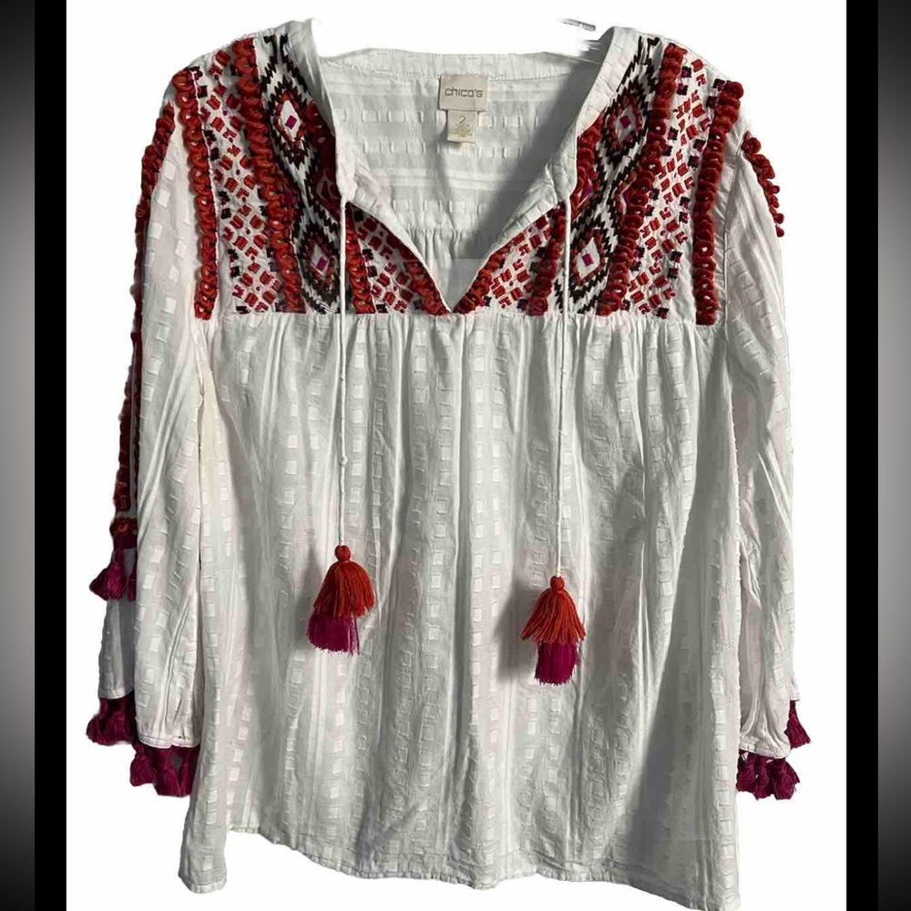 CHICO’S Size 2 Or Large Textured Top Blouse Embroidered Tasseled Unique